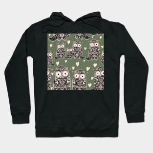 Folk Art Owls, Owlets and Hearts on Green Hoodie